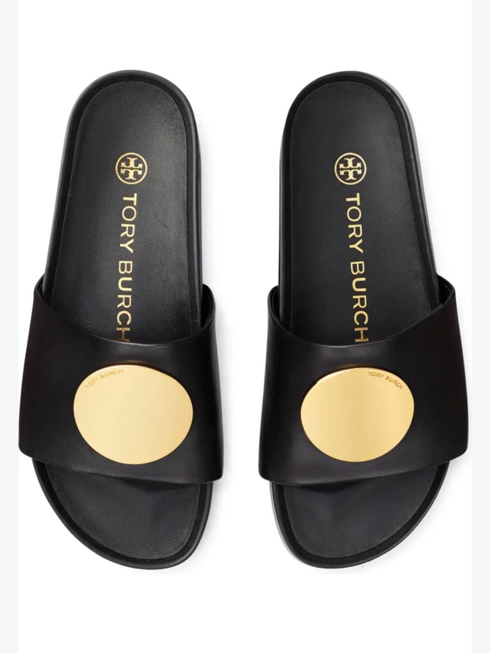 Tory Burch Patos Platform Slide Sandals Shoes Black Gold Leather Women 9.5 READ